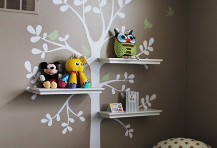 Incorporate wall decals into your shelving.