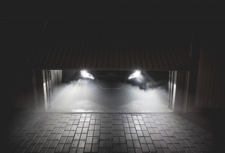 car headlights in garage