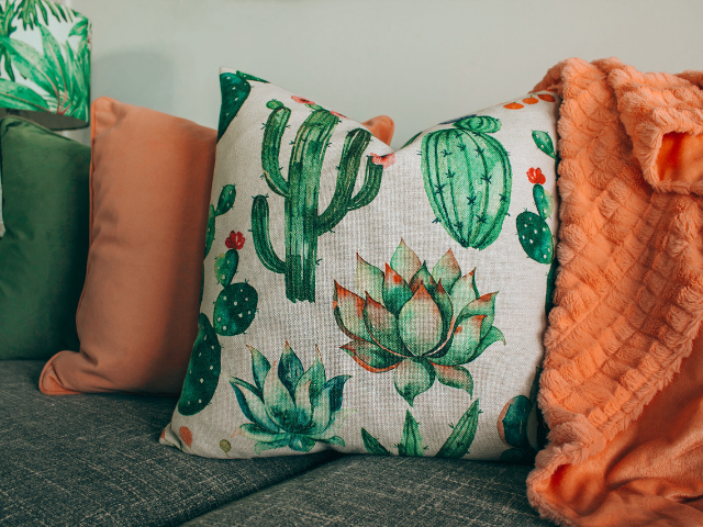 cushions blankets throws warm colours floral cactus print
