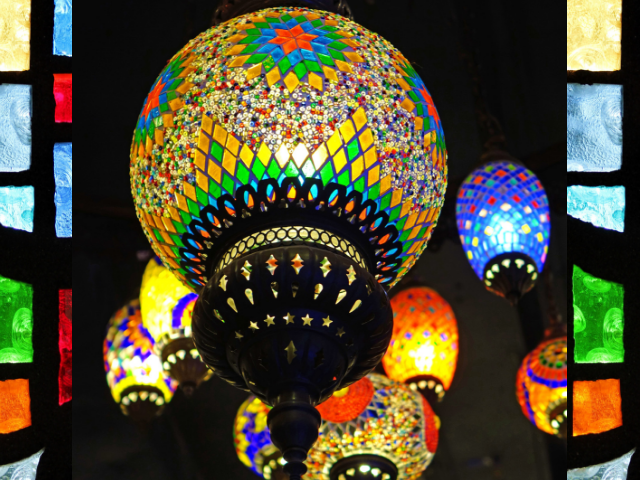 Use coloured glass lights bring warmth to room